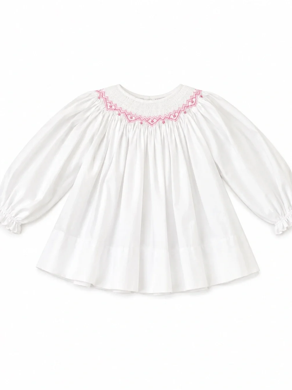 Cecil and Lou White Smocked Long-Sleeve Kids  Top with Pink Detail